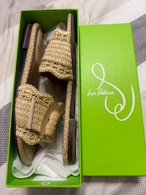 Sam Edelman Bambi Natural Woven Slide Sandals with Decorative Buckle Size 8 1/2